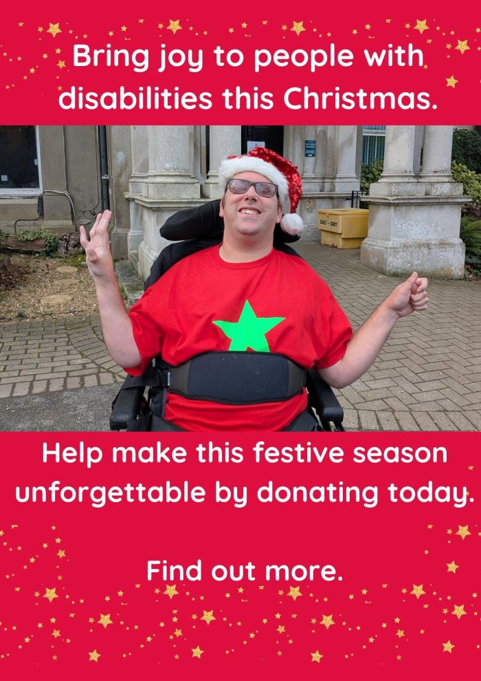 Festive message poster with man wearing santa hat in wheelchair