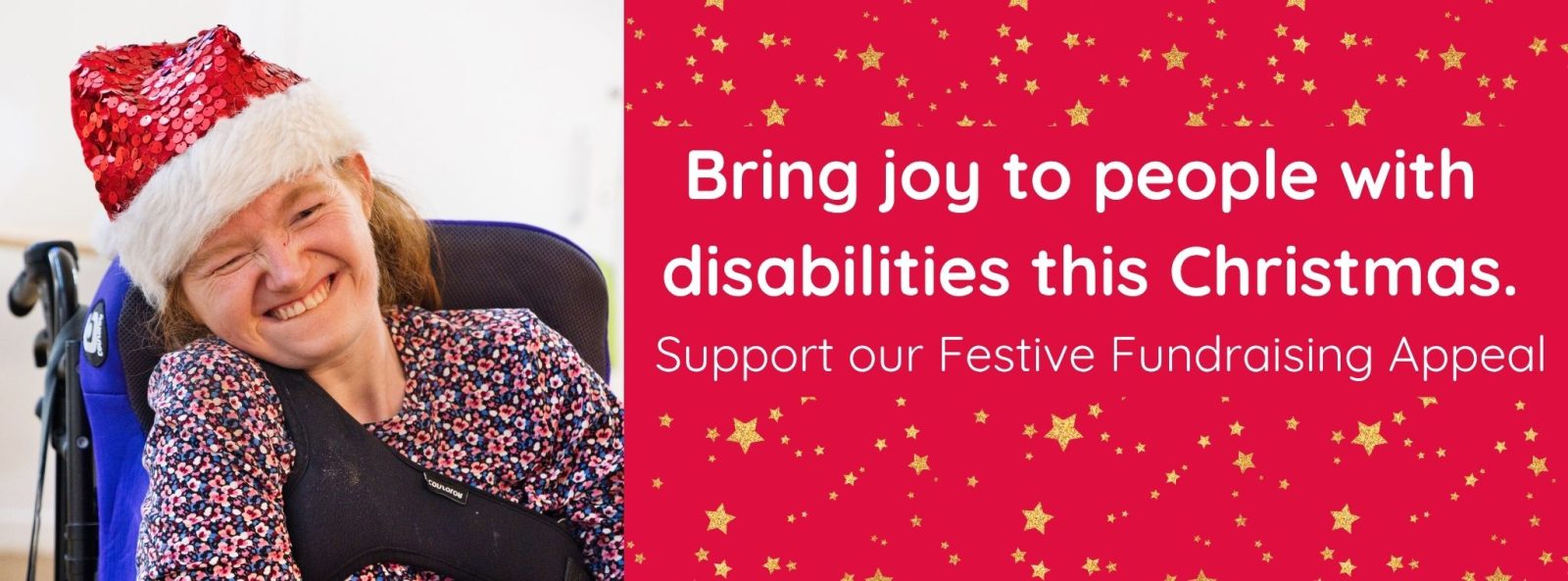 Festive fundraising appeal message on red background and gold stars, with image of girl wearing a santa hat