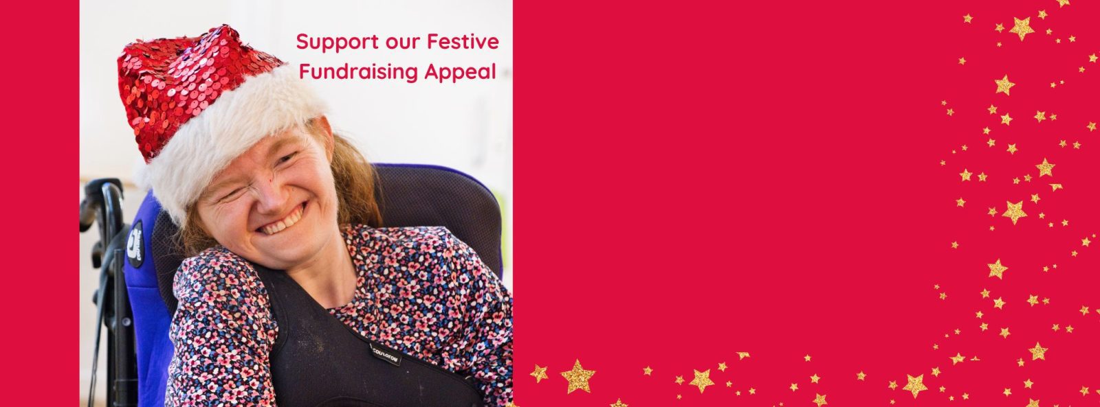 Festive appeal message on red background with gold stars and girl wearing santa hat