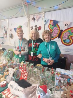 Three female volunteers next to a stall