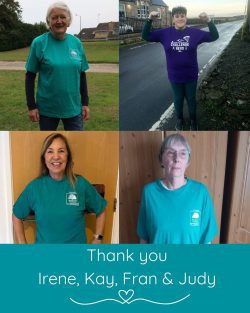 Four ladies in Strode Park Foundation tshirts with the words 'Thank you Irene Kay Fran and Judy'