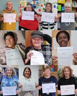 A selection of photos of women holding cards with a word on about how they support other women