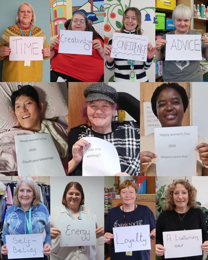 A selection of photos of women holding cards with a word on about how they support other women