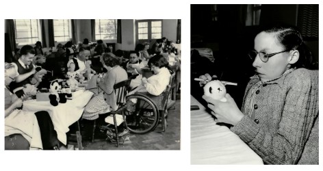 Black and white photo of residents making toys