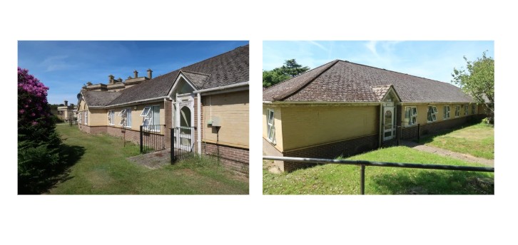 One level accessible accommodation in pale yellow with surrounding grass