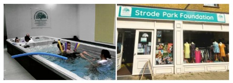 Front of charity shop and photo of hydrotherapy pool