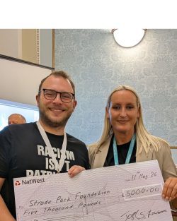 Mayor of Faversham presenting giant cheque to Claire Dante