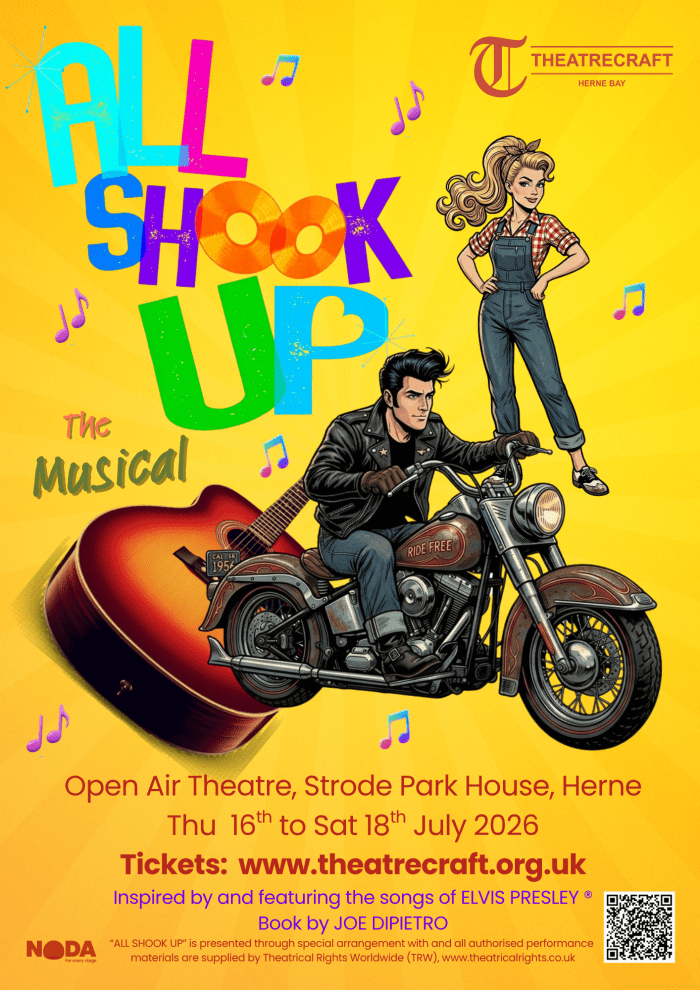 Text All Shook Up with man on motorbike, guitar, and lady standing with hands on hips
